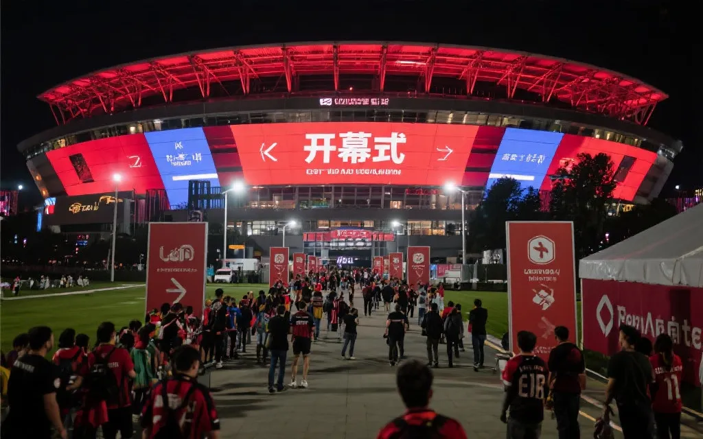 世界杯开幕城市夜间球迷步行区与指引牌，秩序化人流与城市灯光氛围